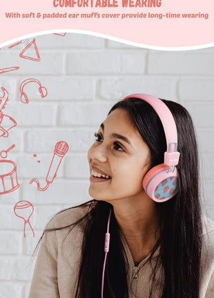 New Bee Kids Headphones Wired for School with Microphone KH20 HD Stereo Safe Volume Limited 85dB/94dB Foldable Lightweight for Girl/Mac/Android/Kindle/Tablet/Pad (Pink)
