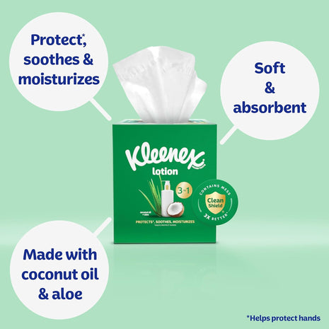 Kleenex Lotion Facial Tissues with Coconut Oil, 3 Flat Boxes, 120 Tissues Per Box, 3-Ply