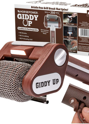 HorsePower Giddy Up Grill Cleaner, Cordless Rechargeable, As Seen on TV | LED light, rechargeable, 304 stainless power steel roller, up to 350 RPM, no bristles, no preheating, blasts burnt-on food