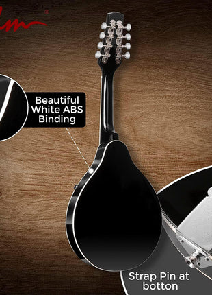 ADM Acoustic Mandolin Instrument Kit Music A Style for Kids Students Adults Wood Mandolins Beginner Set With Bag, Tuner, Pick-up, Strap, Strings, Picks and Hanger, Drak Black