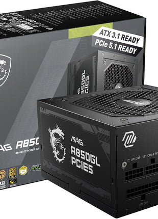 MSI MAG A850GL PCIE5, Fully Modular Compact Gaming 850W Power Supply, 80+ Gold, ATX 3.1 & PCIe 5.1 Ready, Native Dual-Color 12V-2x6 Cable, 10 Year Warranty