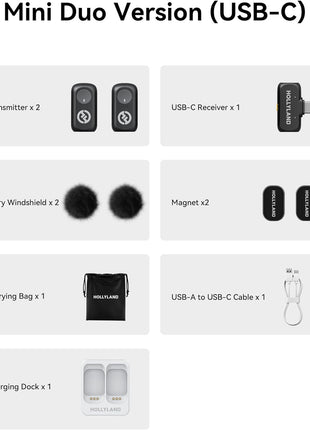 Hollyland Lark A1 Wireless Microphone for iPhone & Android, 48kHz/24-bit Studio Audio, 3-Level Noise Cancellation, 200m Range, Magnetic Mini Mic for Video Recording & Live Streaming (2TX + USB-C RX)