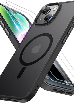Miracase Magnetic for iPhone 14 Case 6.1 inch (Compatible with MagSafe)(with 2X Screen Protectors) Military-Grade Protection, Anti-Fingerprint Translucent Matte Phone Case Cover, Black