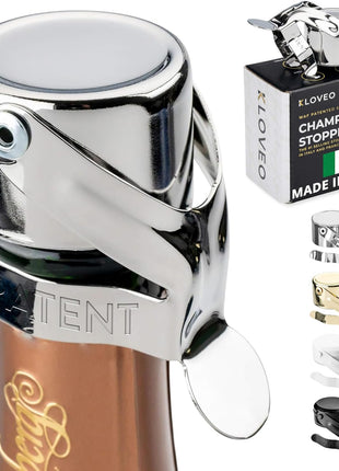 Champagne Stoppers - WAF Patented Seal - Made in Italy | Fits 750ml Bottles, No Pressure Pump Needed, Keeps Bubbles Fresh 3-5 Days, BPA Free, Easy-Lock Stainless Steel Clip