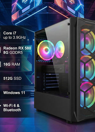 STGAubron Gaming PC Desktop,Core I7,RX 580 8G,16G RAM,512G SSD | Gaming Computer Tower for Streaming,Video Editing,Home,School,I7 up to 3.9GHz,ARGB Fan,WiFi 6,BT 5.0,4K DP,HDMI,Win11 Home