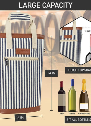 opux Two Bottle Wine Bag Carrier Tote, Insulated Leakproof 2 Bottle Wine Cooler Bag for Travel BYOB Picnic, Portable Wine Case, Gift for Men Women Wine Lover Birthday Party Christmas, Navy Stripes