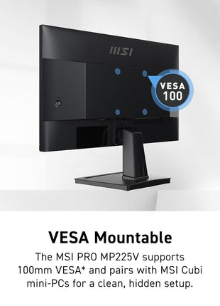 msi PRO MP225V, 22-inch, 1920 x 1080 (FHD) Computer Monitor, 100Hz, Adaptive-Synch, HDMI, Video Port, Low Blue Light, Eye-Q Check, VESA Mountable, Tilt, 1ms, Black