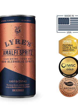 Lyre's Amalfi Spritz 4-Pack, Ready to Drink Non-Alcoholic Sparkling Mocktail, Award-Winning Zero Proof Italian Aperitif and Non Alcoholic Prosecco, 70 Calories per Can (8.45 Fl Oz x 4)