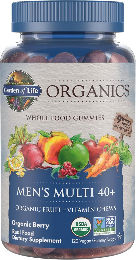Garden of Life Organics Men 40+ Gummy Multivitamin, 120 Gummies | Certified Organic, Non-GMO, Vegan, Kosher, Complete Multi Methyl B12, C & D3, Gluten, Soy & Dairy Free, Real Fruit