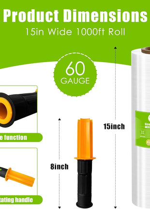 Cosy Family Plastic Wrap Stretch Film Roll - 1000ft 60 Gauge Industrial Strength 15 inch Wide Clear Plastic Wrap Roll with Handles for Pallet Wrapping Shipping Moving - Clear, Pack of 1