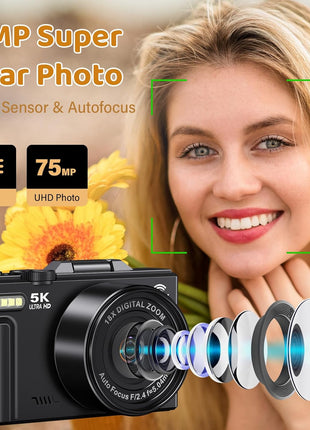 5K Digital Camera, WiFi Cameras for Photography 75MP UHD Vlogging Cameras for YouTube Autofocus Video Camera with 3" 180° Flip Screen, Compact Travel Camara with 18X Zoom, 32GB SD Card, 2 Batteries
