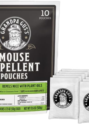 Grandpa Gus's Extra-Strength Mouse Repellent Pouches, Peppermint & Cinnamon Oil, Natural Rodent Deterrent Control for Garage, RV, Car, Basement, Attic, Storage, 1.75 Oz (Pack of 10)