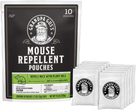 Grandpa Gus's Extra-Strength Mouse Repellent Pouches, Peppermint & Cinnamon Oil, Natural Rodent Deterrent Control for Garage, RV, Car, Basement, Attic, Storage, 1.75 Oz (Pack of 10)