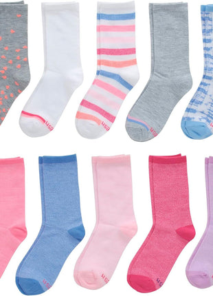 Hanes Girls' Big Ultimate Fashion, Lightweight Stretch Crew Socks, Assorted 10-Pair Pack, Small, Pink/Grey/Blue/Lavender, Medium
