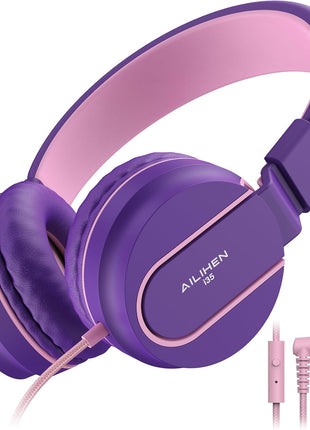 Kids Headphones, Wired Headphones for Kids On Ear with Microphone, 93dB Volume Limiter Headphone for Girls Boys, Foldable Lightweight Headphone for School Learning & Entertainment, Pink Purple
