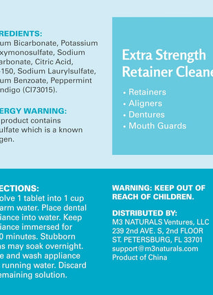 Retainer Cleanser Tablets Invisalign Cleaner, Removes Odors Discoloration Stains and Plaque 4 Month Supply Denture Cleansers Retainers Mouth Guards Denture Bath Mint by M3 Naturals