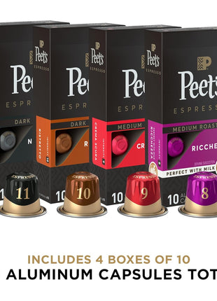 Peet's Coffee, Dark and Medium Roast Espresso Capsules Variety Pack, Compatible with Nespresso Original Machine, 100% Arabica Coffee - Intensity 8-11, 40 Count (4 Boxes of 10 Espresso Capsules)
