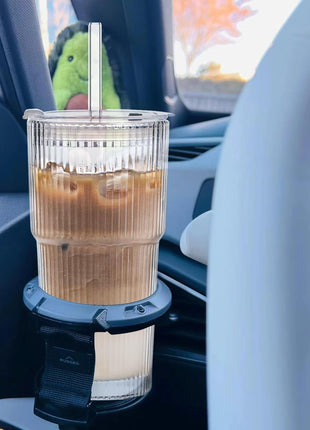 INSETLAN 20 oz Ribbed Glass Tumblers with Lids and Glass Straws – 4-Piece Glassware Set, Thickened Wall, Ideal for Iced Coffee, Smoothies, Cocktails, and Juices – Elegant and Durable Drinkware