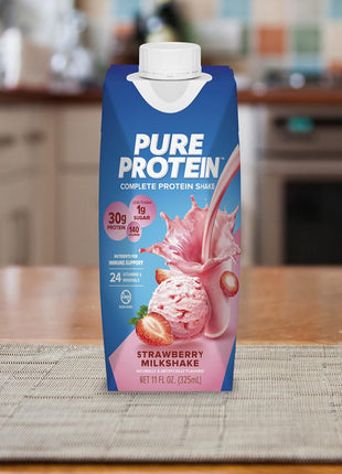 Pure Protein Strawberry Protein Shake, 30g Complete Protein, Ready to Drink and Keto-Friendly, Vitamins A, C, D, and E plus Zinc to Support Immune Health, 11oz Bottles, 12 Pack