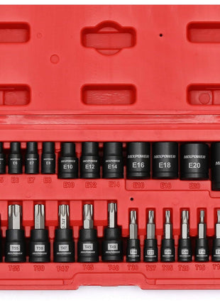 MIXPOWER 25 Piece Torx Bit and Socket Set, 13 Star Bits (T8- T60) & 12 E-Torx Sockets (E4-E22), Professional Grade Auto & Motorcycle Mechanic Set