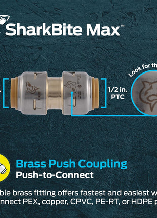 SharkBite Max 1/2 Inch Coupling, Push to Connect Brass Plumbing Fitting, PEX Pipe, Copper, CPVC, PE-RT, HDPE, UR008A