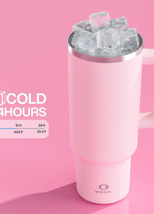 ENCOOL 40 oz Tumbler with Handle and Straw: Stainless Steel Insulated Tumbler Keeps Cold for 24 Hours, Leakproof Travel Cup Fits in Cup Holder and BPA-Free, Cotton Candy