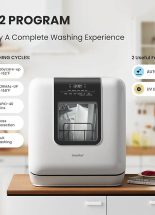 COMFEE' Countertop Dishwasher, Portable Dishwasher with 6L Built-in Water Tank, Mini Dishwasher with More Space Inside, 7 Programs, UV Hygiene& Auto Door Open, for Apartments, Dorms& RVs, White