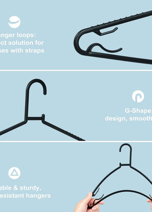 Byomostor Black Plastic Hangers 50 Pack, Light Weight Durable Clothes Hangers G-Shape Standard Size Non-Slip Coat Hanger Adult Clothes Hangers for Laundry & Everyday Use -Slim & Space Saving