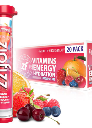 Zipfizz Daily Energy Drink Powder, Fruit Punch, 20 Pack 3-in-1 Sustained Energy, Rapid Hydration, and Essential Vitamins Sugar-Free Electrolyte Powder Contains Vitamin B-12 & Antioxidants