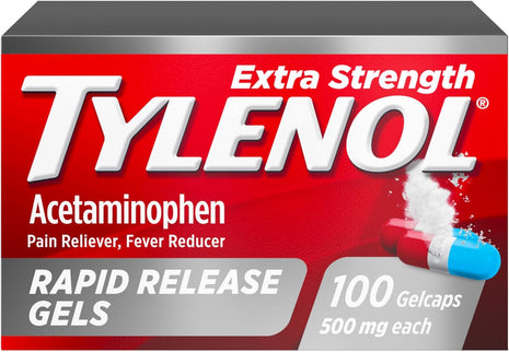 Tylenol Rapid Release Extra Strength Gelcaps, Acetaminophen 500 mg per Gel, Laser Drilled Holes Allow Fast, Strong Pain Relief, Fever Reducer, Gentle on Stomach, 100 Count Size