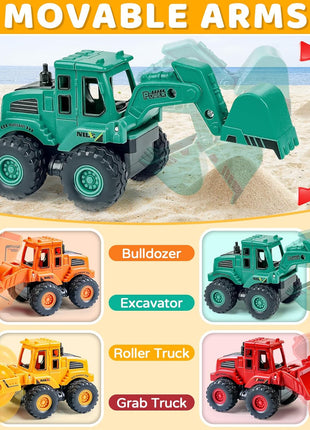 Beestech Construction Toys for 3 Years Old Boys Girls Kids, Friction Powered Construction Truck Toys Vehicles Sand Toys Trucks Excavator, Bulldozer, Road Roller (Colorful 4 Pack)