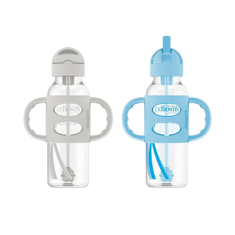 Dr. Brown's Milestones Narrow Sippy Straw Bottle, Spill-Proof with 100% Silicone Handles and Weighted Straw, 8 oz/250 mL, Blue/Gray, 6m+