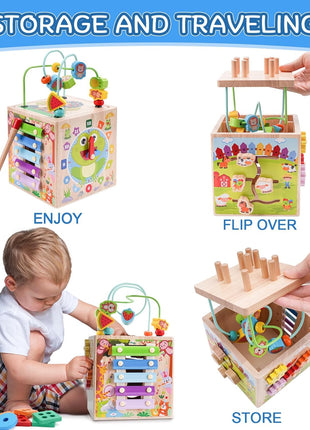Wooden Activity Cube | Montessori Toys for 1 2 3 Year Old Toddler Gifts | One Year Old 1st First Birthday Gift | Educational Toys for 12+ Months Baby Boys Girls | Bonus Sorting & Stacking Game (Blue)