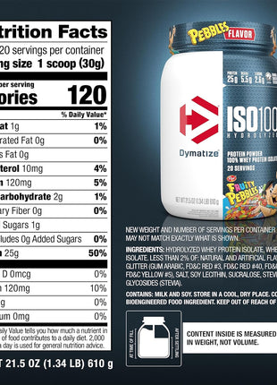 Dymatize ISO100 Protein Powder, 100% Whey Isolate, Fruity Pebbles | 25g Protein, Hydrolyzed, Fast-Absorbing, Supports Muscle Health, 5.5g BCAAs, Gluten-Free, 20 Servings, 1.3 lb