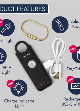 She's Birdie 3.0 New Version – The Original Personal Safety Alarm for Women by Women–Loud Siren, Flash Light and Rechargeable Battery in a Variety of Colors (Charcoal Black)