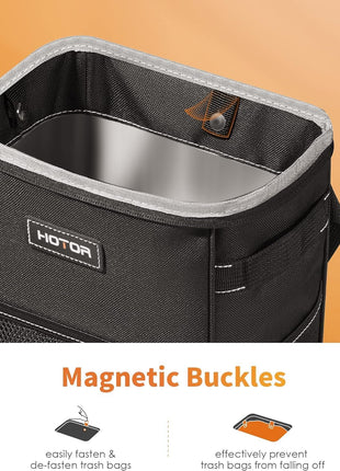 HOTOR Car Trash Can, Compact Waterproof Organizer, Leak-Proof Bin, 2-Gallon | Black, Multifunctional Car Accessory with Adjustable Straps & Magnetic Snaps for Interior Car Storage