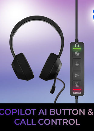 Adesso Xtream P7 Wired Stereo Headset, 40mm Stereo Drivers | Copilot AI Shortcut, Voice Dictation Mute Button, Submit Button, Comfortable Fit, USB C and USB A, Windows and Mac OS