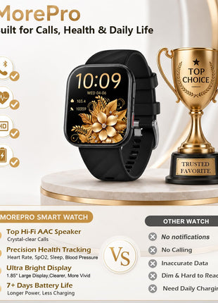 MorePro Health Fitness Tracker (Make/Answer Call), 24/7 Heart Monitor with Blood Pressure, Blood Oxygen, Sleep Tracking, 120+ Sports Modes Smart Watch with 7-Day Battery, Compatible with iOS Android