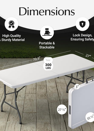 6 Feet Foldable Table with Built in Handle & Steel Legs | 6FT Heavy Duty Folding Portable | Perfect for Party, Dining, Wedding, Events, Picnic Indoor, Outdoor, Camping, Utility, Folding - 6 Foot