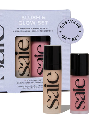 Saie Blush & Glow Gift Set - Dew Blush in Lady & Glowy Super Gel Liquid Highlighter & Makeup Primer in Warmglow - Skincare Infused Everyday Makeup Kit for a Flushed, Dewy Glow - Vegan (2 Count)