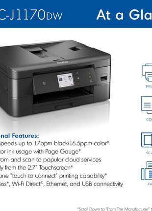 Brother MFC-J1170DW Wireless Color Inkjet All-in-One Printer, NFC One-Touch Print, Duplex, Cloud Print & Scan, Mobile App Control, 2.7" Touchscreen, Works with Alexa