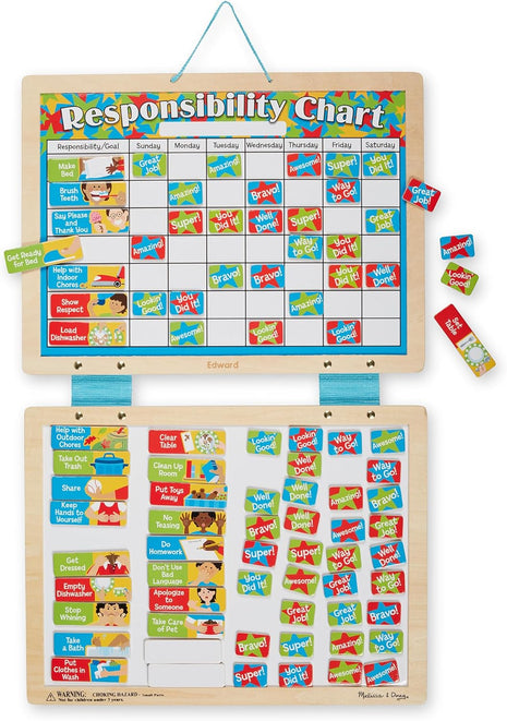 Melissa & Doug Magnetic Responsibility Chart and Kids Calendar - Wooden Chore Chart for Kids with 89 Magnets, Preschool Learning Activities for Ages 3+