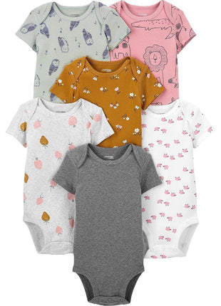 Simple Joys by Carter's Baby Girls' Short-Sleeve Bodysuit, Pack of 6, Multicolor/Dinosaur/Floral/Forest Animals/Fruit/Hearts, 0-3 Months