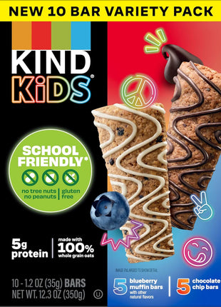 KIND Kids School Friendly Blueberry Muffin and Chocolate Chip Oat Bars Variety Pack, Tree Nut and Peanut Free, Gluten Free, Made With Whole Grain Oats, 5g Protein, 10 Count
