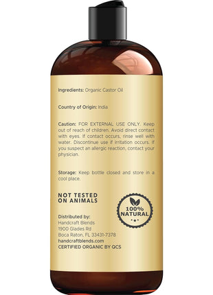 Handcraft Blends Organic Castor Oil 16 Fl Oz | 100% Pure and Natural | Premium Grade Carrier Oil | Hair, Eyelashes and Eyebrows | Hair and Body | Expeller-Pressed | Hexane-Free