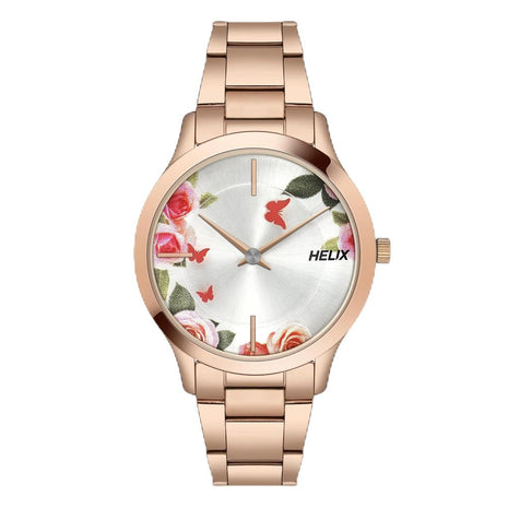 Helix by Timex Analog Watch for Women with Silver Round Dial & Rose Gold Stainless Steel Bracelet Band Water Resistant Women's Wrist Watches - TW053HL07