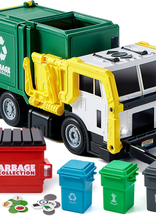 JOYIN Large Friction Powered Garbage Truck Toy Set, Includes 1 Dumpster, 3 Trash Bins, and 30 Learning Cards for Kids, Boy Toys Birthday Gift, Green