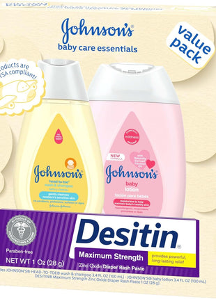 Johnson's Baby Care Essentials Gift Set, Body Lotion, & Zinc Oxide Diaper Rash Paste for Baby's Delicate Skin, Value Pack, Travel-Size, Bath Essentials Must Haves, Baby Gifts, 3 Items