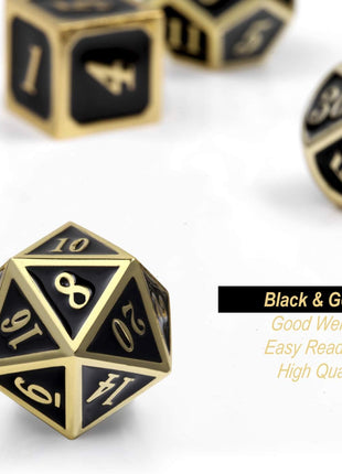 DNDND Metal Dice Set D&D, 7 die Metallic Polyhedral Dice Set with Gift Metal Box and Gold Number for DND Dungeons and Dragons Role Playing Games (Black and Gold)