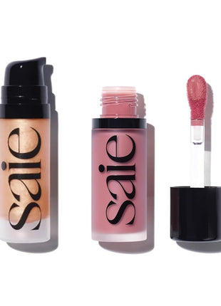 Saie Mini Glowy Super Gel Lightweight llluminator & Makeup Primer - Sunglow (0.5 oz) + Dew Blush - Lightweight Liquid Blush with a Blendable + Buildable Cream Finish - Chilly (.40 oz)
